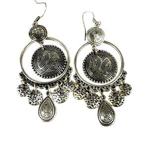 Boho Style Silver-Tone Chandelier Earrings Tribal Engraved Discs Teardrop Charms